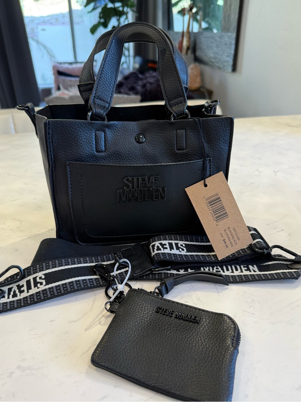 Steve Madden Black Pebbled Mini Tote with Detachable Strap and Coin Pouch